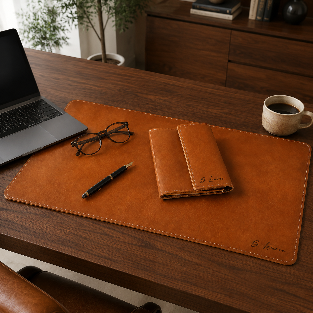 Personalised cognac leather notebook and medium deskmat corporate gift set