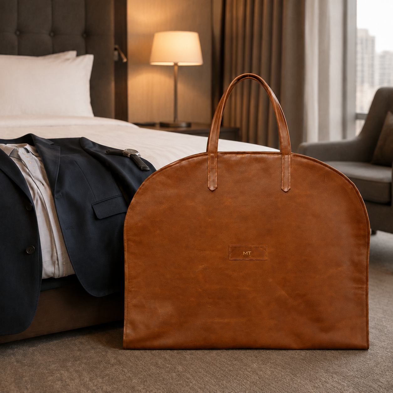 Cognac leather suit carrier in a luxury business travel setting