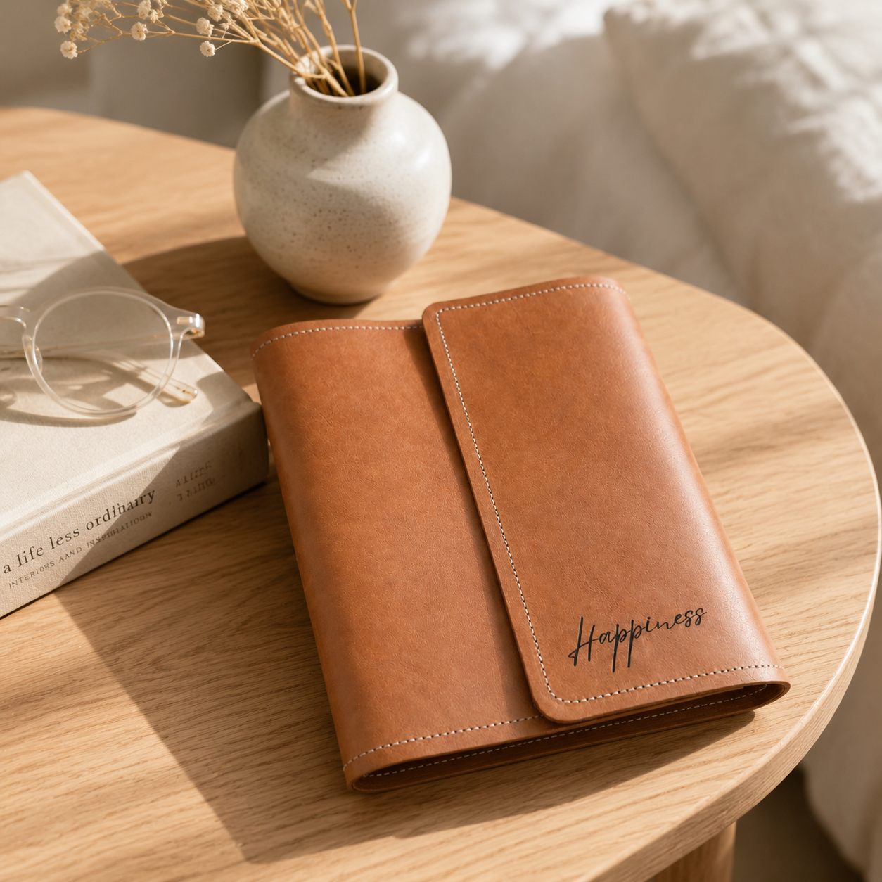 Personalised A5 wrap-around leather notebook cover in a lifestyle setting