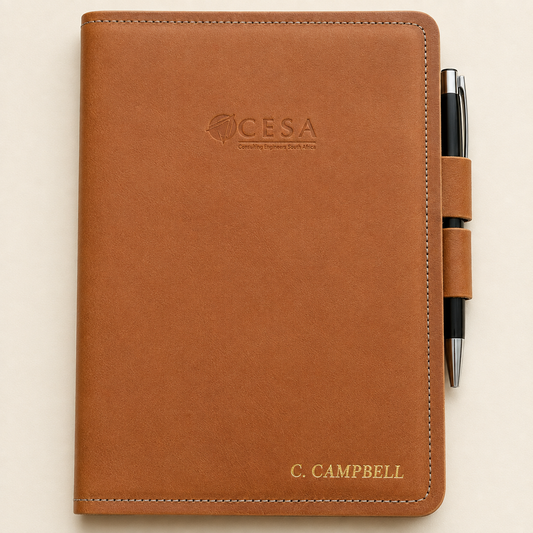 Personalised tan A5 leather notebook cover with pen-lock closure